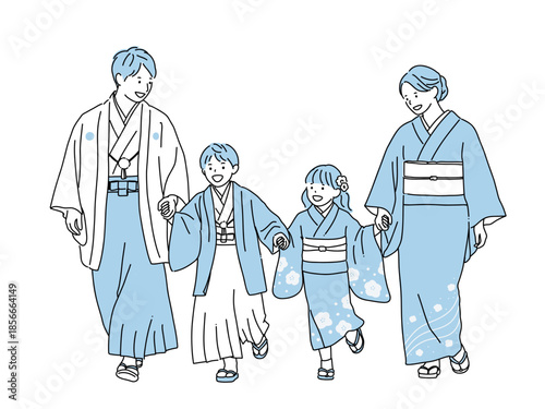 和装で手をつないで歩く家族の線画イラスト｜七五三・お正月・親子　ブルー