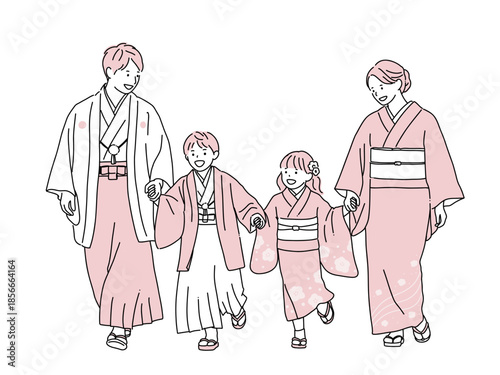 和装で手をつないで歩く家族の線画イラスト｜七五三・お正月・親子　ピンク