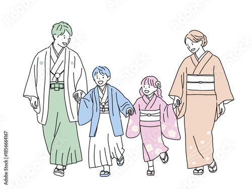 和装で手をつないで歩く家族の線画イラスト｜七五三・お正月・親子　パステルカラー