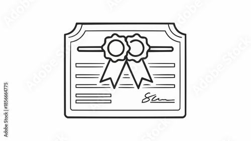 Simple Line Drawing of a Certificate with Ribbon and Signature.