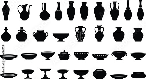 Black Ancient Greek Pottery Silhouette Icons Set, Traditional Ceramic Vase Amphora and Bowl Collection Vector, Antique Clay Vessels for Design.