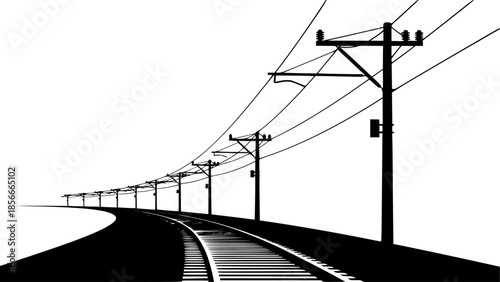 Black and white railway tracks with electric poles vector design. High-contrast railway tracks and power lines silhouettes vector. Silhouette train tracks and utility poles vector.