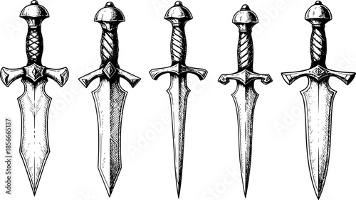Vintage daggers set. Hand drawn sketch style medieval weapon collection. Best for tatoo and retro historical designs. Vector illustration isolated on white. See Less
