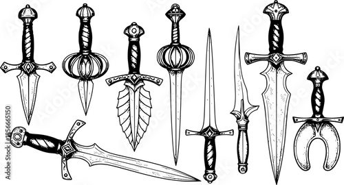 Vintage daggers set. Hand drawn sketch style medieval weapon collection. Best for tatoo and retro historical designs. Vector illustration isolated on white. See Less
