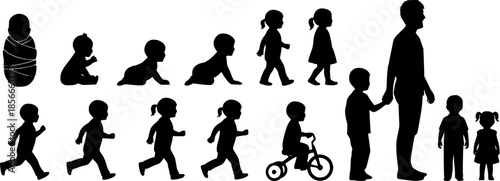 set of silhouettes of baby boy and girl grow up process. baby development, child growth stages. toddler milestones.
