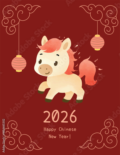 Cute fire horse chinese new year doodle vector clip art. Cartoon of horse with lantern and cloud decoration for greeting card, asset, design, material, imlek
