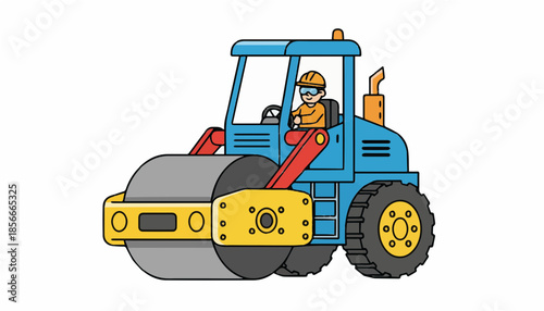 Blue Road Roller Construction Vehicle with Driver Cartoon Style Illustration Isolated
