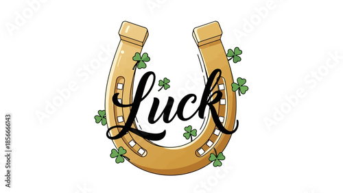 Golden Horseshoe with Lucky Four Leaf Clovers and "Luck" Text