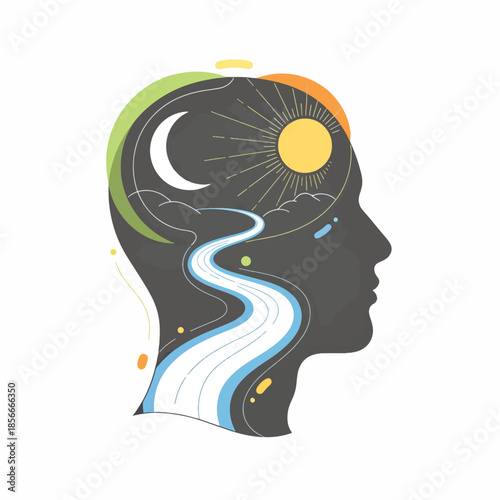 Creative Representation of a Human Head with Night and Day Elements for Mindfulness and Reflection Themes mental health balance concept