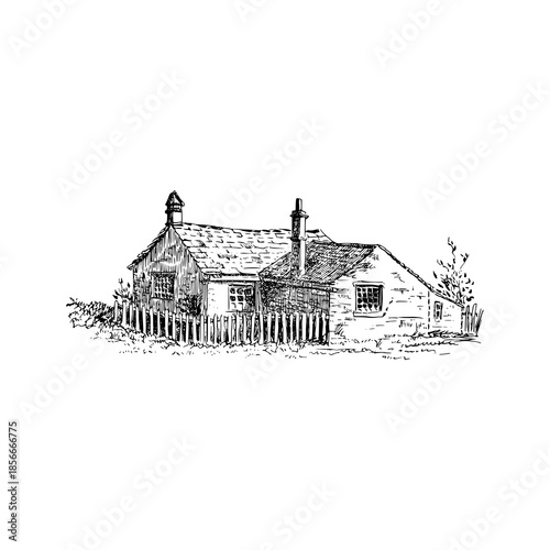 Vintage sketch of a classic European castle and ancient architecture featuring a detailed vector drawing of an old village building in a travel landscape
