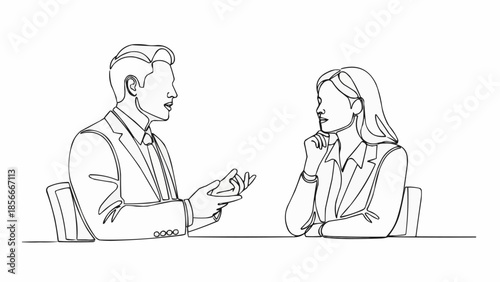 Two business people in conversation during a meeting.