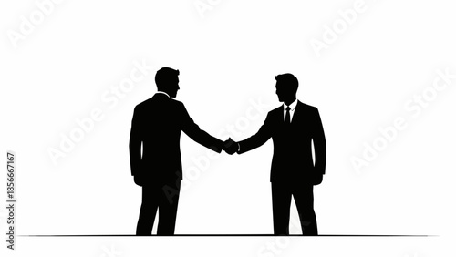 Two businessmen shaking hands in silhouette against a white background.