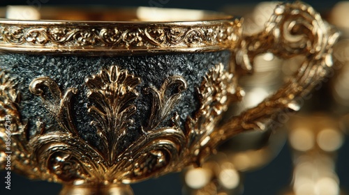 Golden Cup Elegance: A close-up shot of a meticulously crafted golden cup, embellished with intricate floral patterns and ornate details, exuding luxury and sophistication.