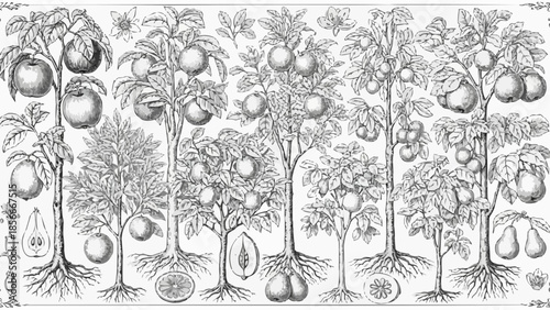 Vintage Botanical Illustration of Various Fruit Trees and Fruits.