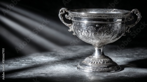 Elegant Trophy in the Spotlight: A finely crafted silver trophy is showcased against a dark and moody background. the exquisite details of the trophy are highlighted by dramatic lighting.