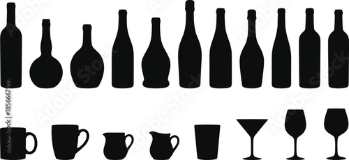 Glassware and bottle silhouettes set, wine bottles, cups and glasses, bar drinkware icons, black shapes, isolated white background, vector illustration