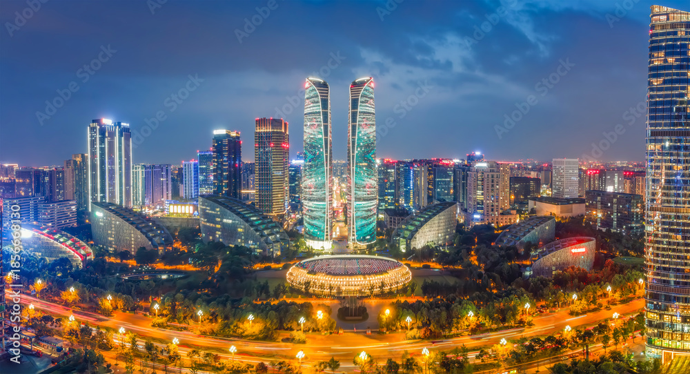 Obraz premium Night Aerial View of Modern Skyscrapers