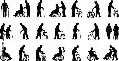 Large set of elderly and senior care vector silhouettes, featuring walking, sitting, using wheelchairs, walkers, and canes, representing aging, assistance, healthcare, and geriatric life.