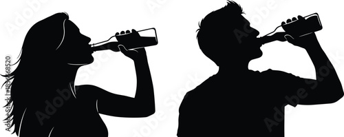 Man and woman drinking bottle silhouette vector illustration, beverage consumption concept, casual lifestyle scene, black human profiles isolated on white background