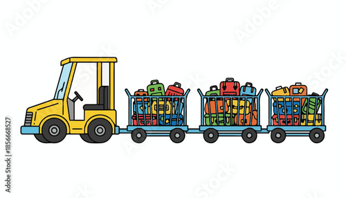 Airport Baggage Tow Tractor with Luggage Carts Cartoon Illustration Isolated