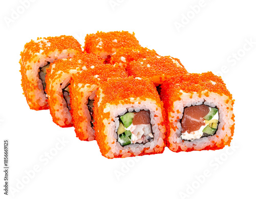 Delicious California Roll Sushi with Salmon and Tobiko.