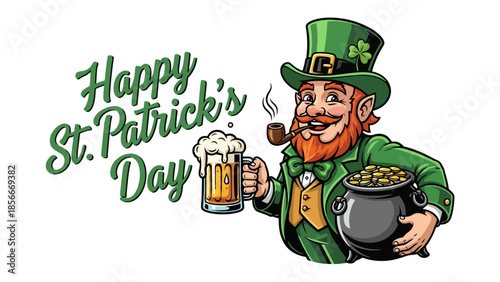 Happy St. Patrick's Day Greeting with a Cheerful Leprechaun and Beer Mug