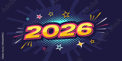 Eye-catching 2026 marketing promo background, bright flat vector style, modern typography, bold colors, clean minimal layout for New Year campaign