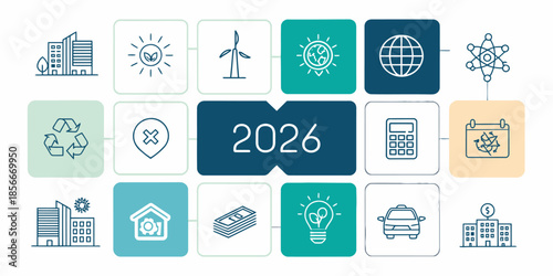 Sustainable future icons for 2026 with eco friendly symbols
