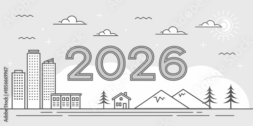 Modern cityscape with mountains and trees in 2026