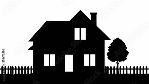 Silhouette of gabled house with chimney and windows.