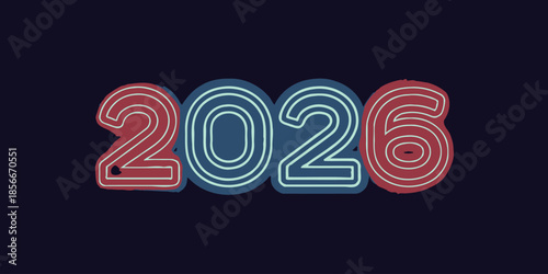 Neon lit 2026 numbers in red and blue on dark background