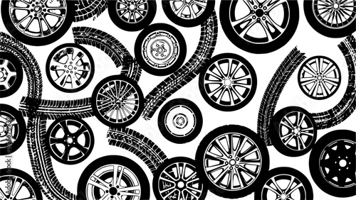 Background with tire wheel marks of cars. Vector illustration
