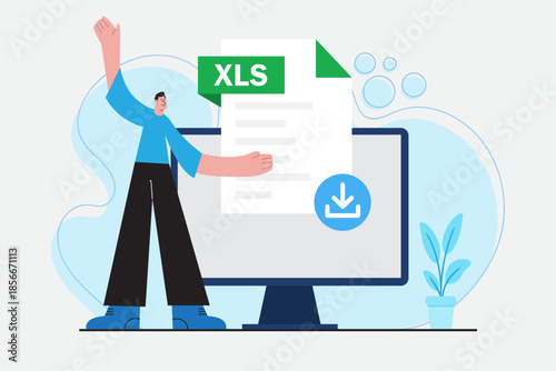 XLS File Download Concept Illustration with Businessman and Computer Screen, Spreadsheet Data and Financial Report Format