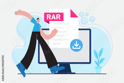 RAR File Download Concept Illustration with Businessman and Computer Screen, Compressed Archive and Data Storage Format