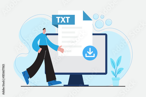 TXT File Download Concept Illustration with Businessman and Computer Screen, Plain Text Document and Simple Data Format