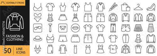 Fashion & Clothes set of icons Including dress, jacket, t-shirt, skirt, pants, coat, hoodie, sweater, shoes