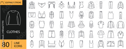 Clothes Icons Set Including T-Shirt, Jacket, Pants, Dress, Shirt, Shoes, Coat, Skirt and Accessories