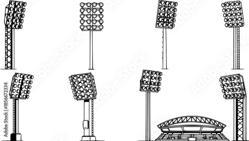 Stadium light pole silhouette set, floodlight vector illustration, sports field illumination design, outdoor arena lighting system, electricity infrastructure drawing, engineering lamp collection.
