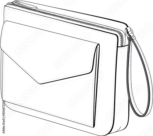 Minimalist Clutch Bag Technical Sketch Featuring a Top Zipper Closure and Front Envelope Pocket