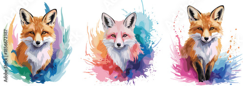 Colorful Watercolor Fox Head Illustration Set: Featuring Artistic Splatter Portrait Graphic Designs for Creative Projects