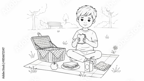 Young boy enjoying a picnic lunch in the park outdoors.
