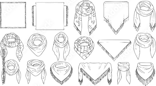 set of women's scarf flat sketch vector illustration cad mock up template
