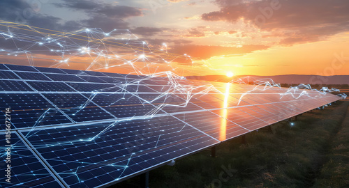 Smart Solar Energy Farm at Sunset with Digital Network Technology