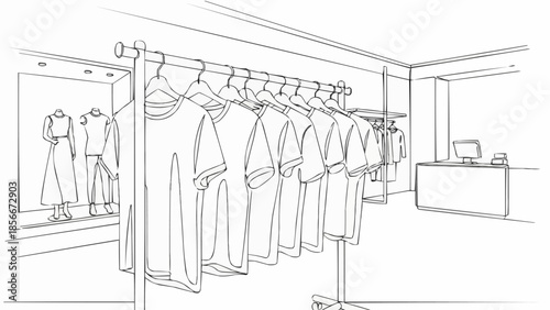 Sketch of a clothing store interior with racks of t-shirts and dresses.
