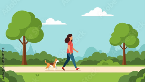 Woman walking her dog in a park on a sunny day.