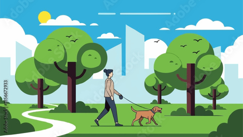 Woman walking dog in park with trees and buildings.