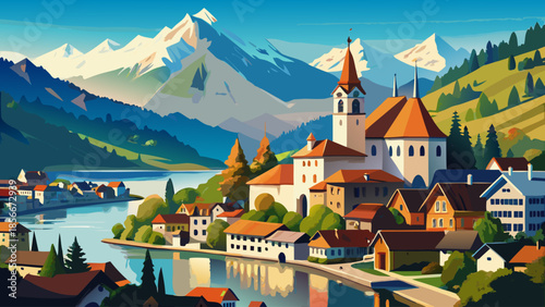 Very beautiful cityscape of Thun featuring Lake Thun and alpine mountains, where historic architecture, clear water, and dramatic peaks combine into a picturesque Swiss postcard scene.