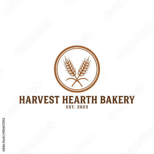 Harvest Hearth Bakery logo with wheat emblem and rustic font