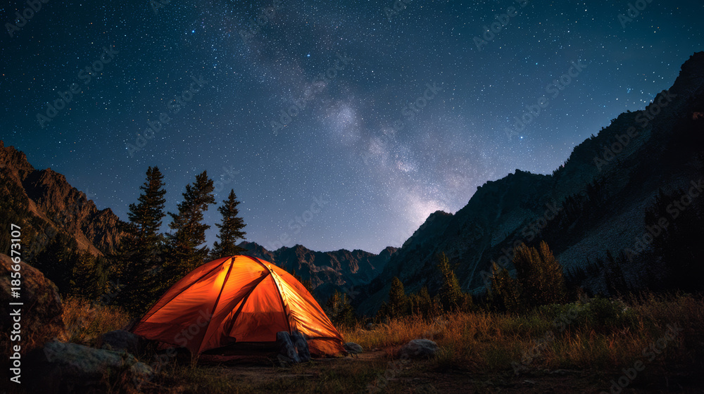 Fototapeta premium Glowing orange tent illuminated in a rugged wilderness under a starry night sky with mountain silhouettes and a visible milky way galaxy