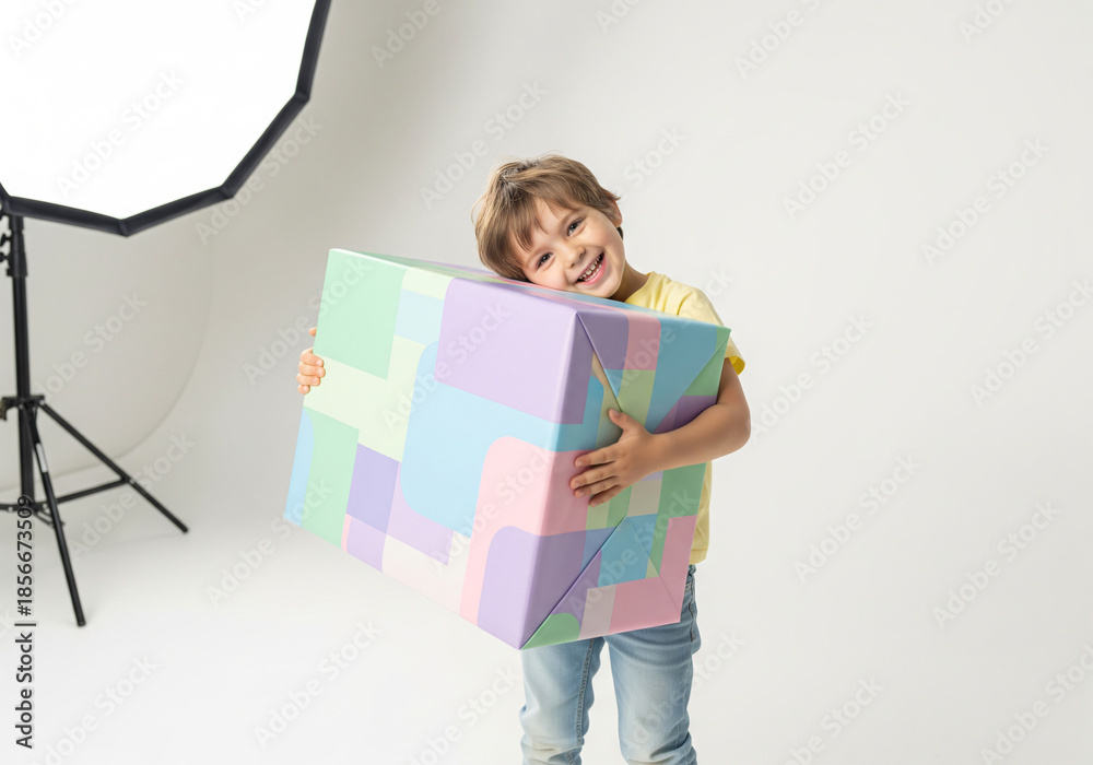 Naklejka premium Young boy smiles holding wrapped gift box indoors.